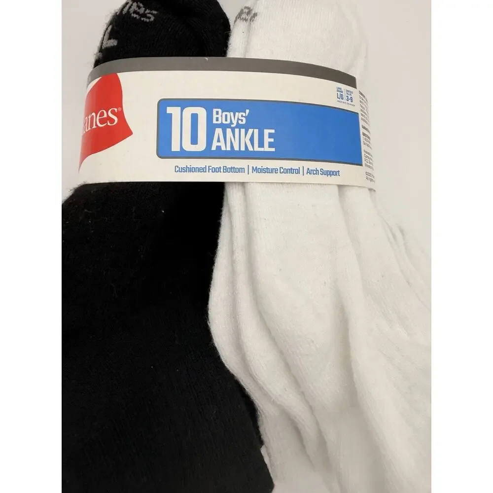 Hanes Boys Ankle Socks 10 Pack Black White Size L 3-9 Cushioned NWT